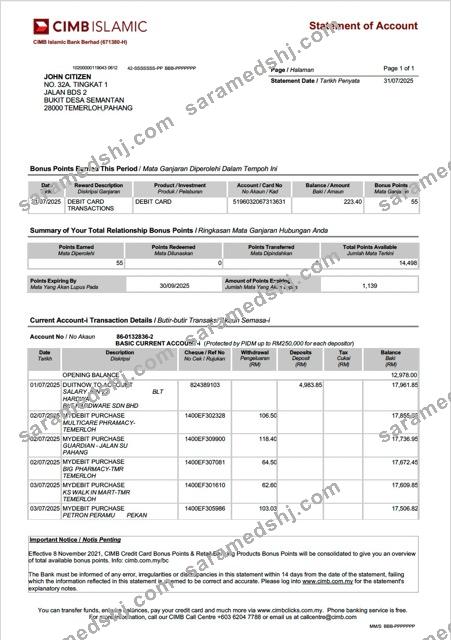Malaysia CIMB Islamic Bank statement of account Word and PDF template
